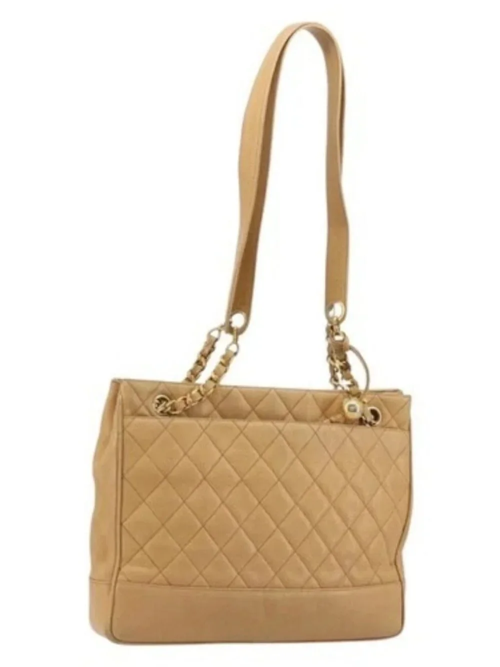 CHANEL Matelasse Chain Shoulder Bag Grained Calf Skin Beige Gold CC Auth YKZ963
